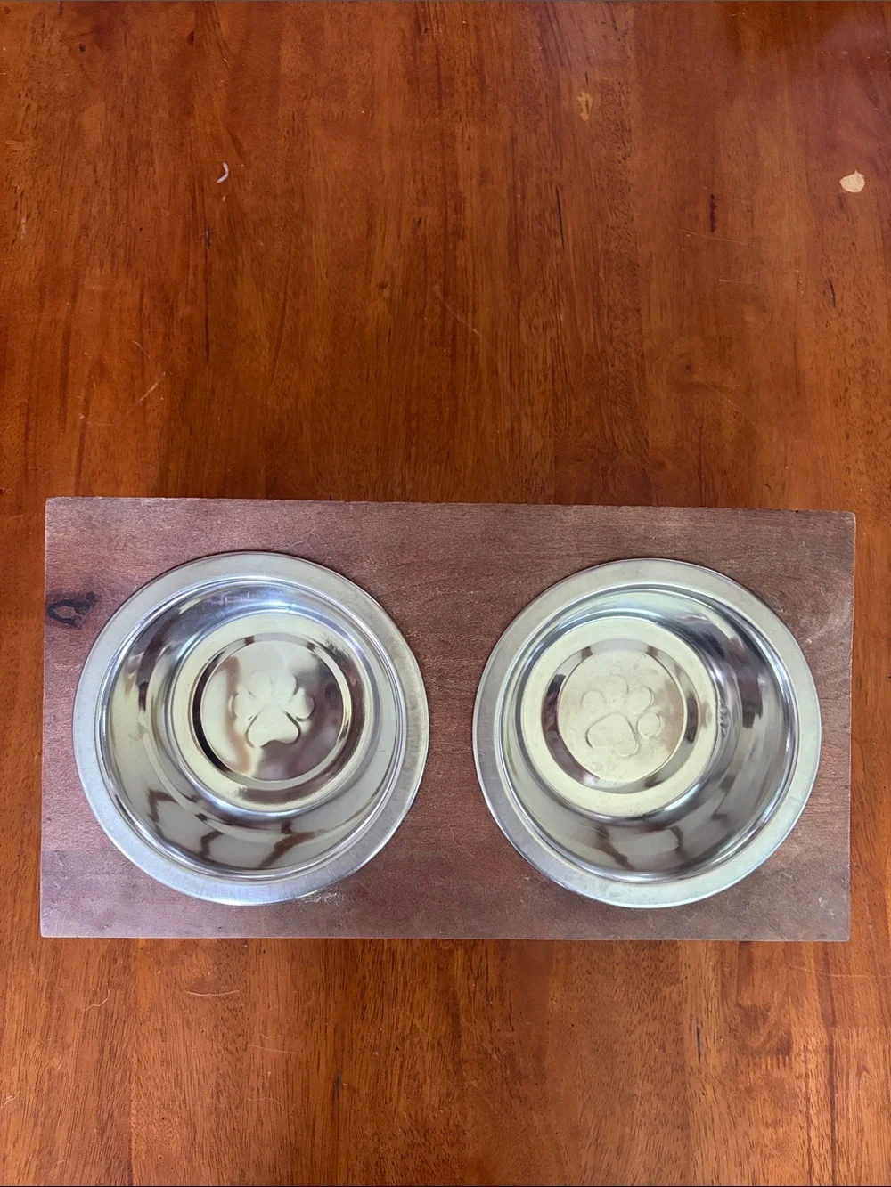 Double Stainless Steel Paw Bowls in Wooden Stand - Silver and Brown